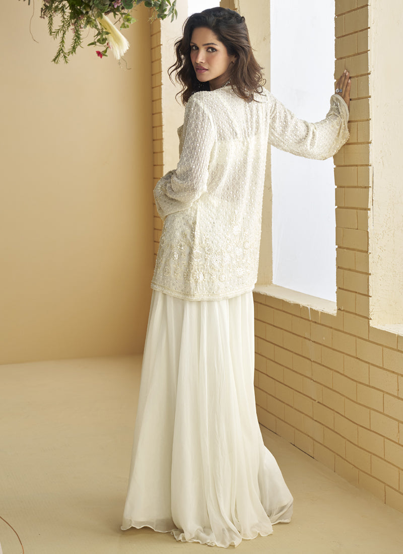 Vegaa Fashion White Georgette Embroidered Designer Palazzo With Jacket
