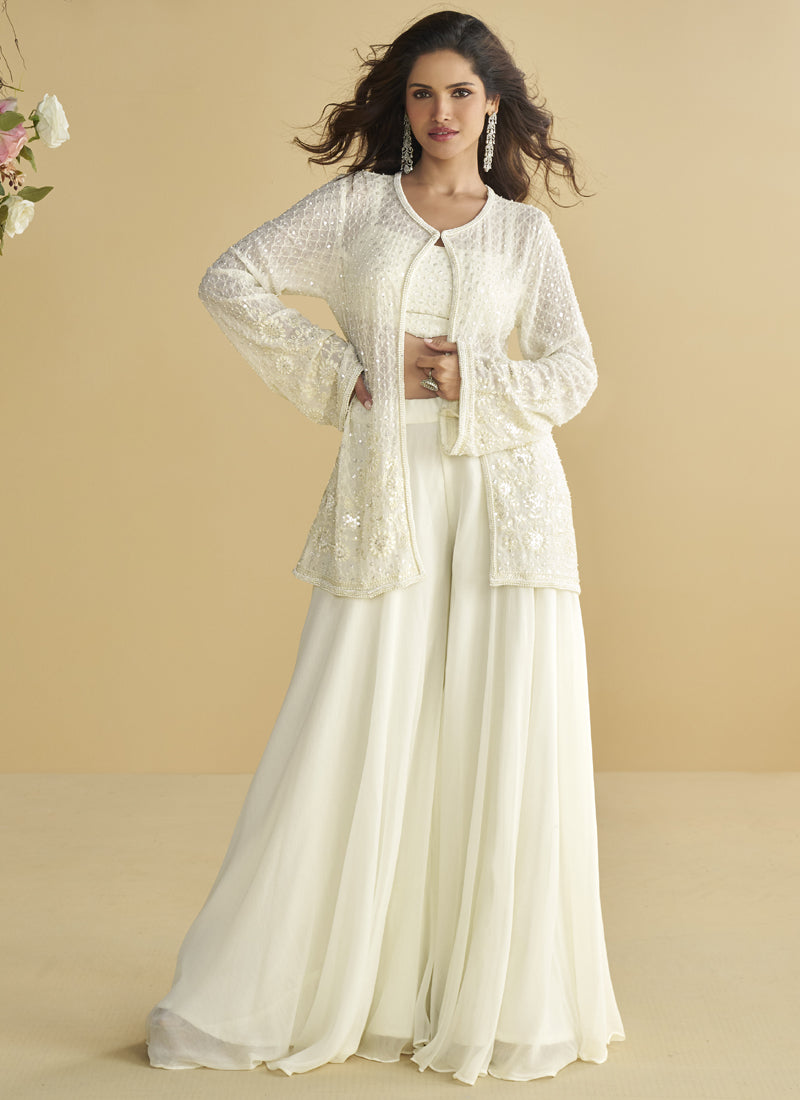 Vegaa Fashion White Georgette Embroidered Designer Palazzo With Jacket