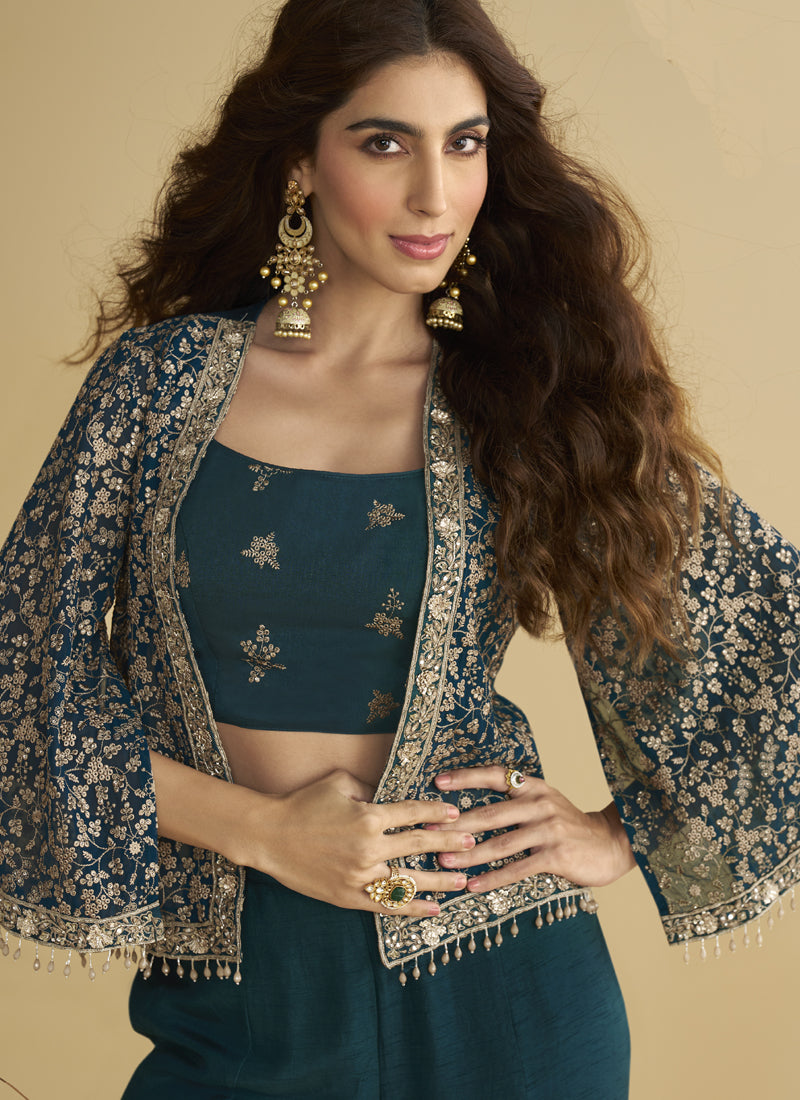 Vegaa Fashion Aqua Blue Georgette Embroidered Designer Palazzo With Jacket
