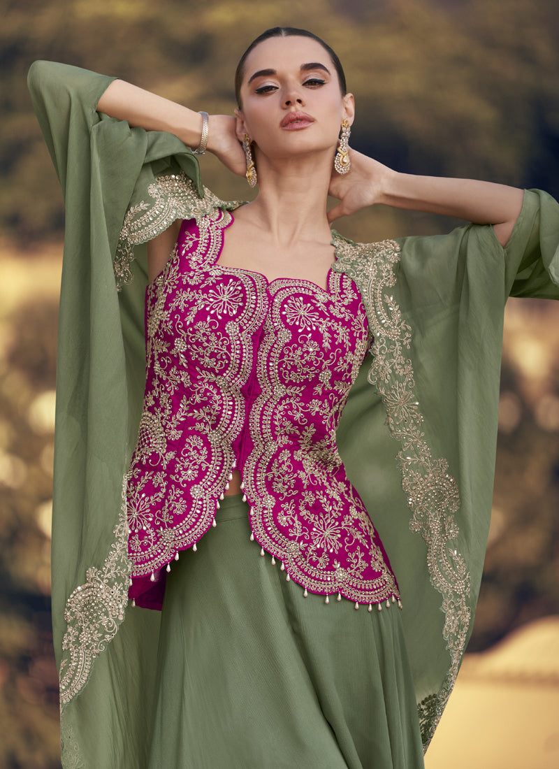 Vegaa Fashion Mehendi Chinon Silk Embroidered Western Palazzo Suit