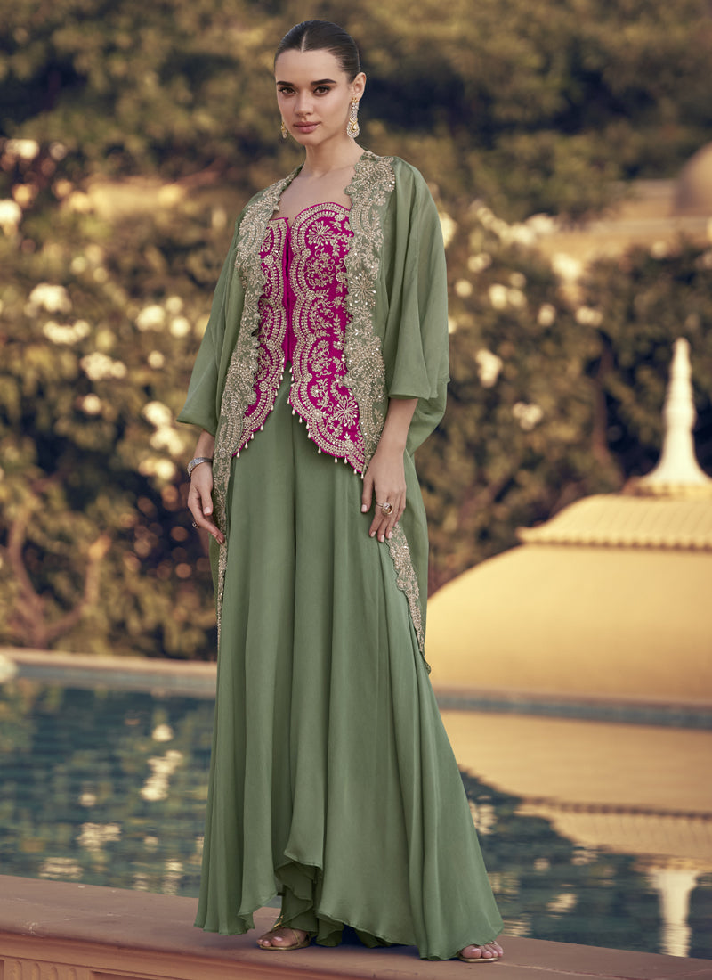 Vegaa Fashion Mehendi Chinon Silk Embroidered Western Palazzo Suit