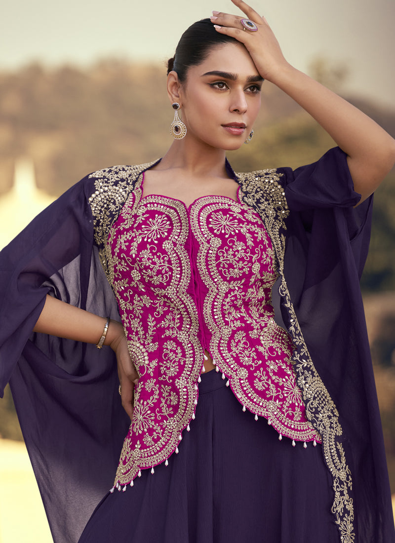 Vegaa Fashion Purple Chinon Silk Embroidered Western Palazzo Suit