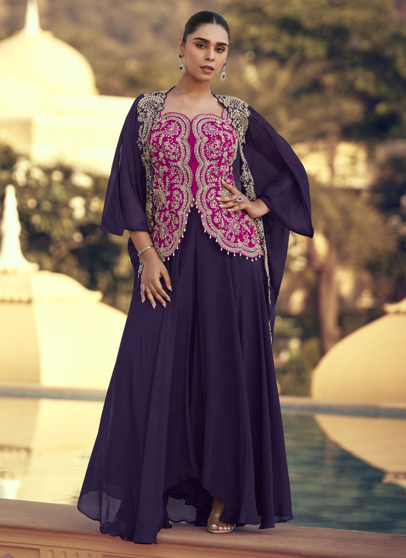 Vegaa Fashion Purple Chinon Silk Embroidered Western Palazzo Suit