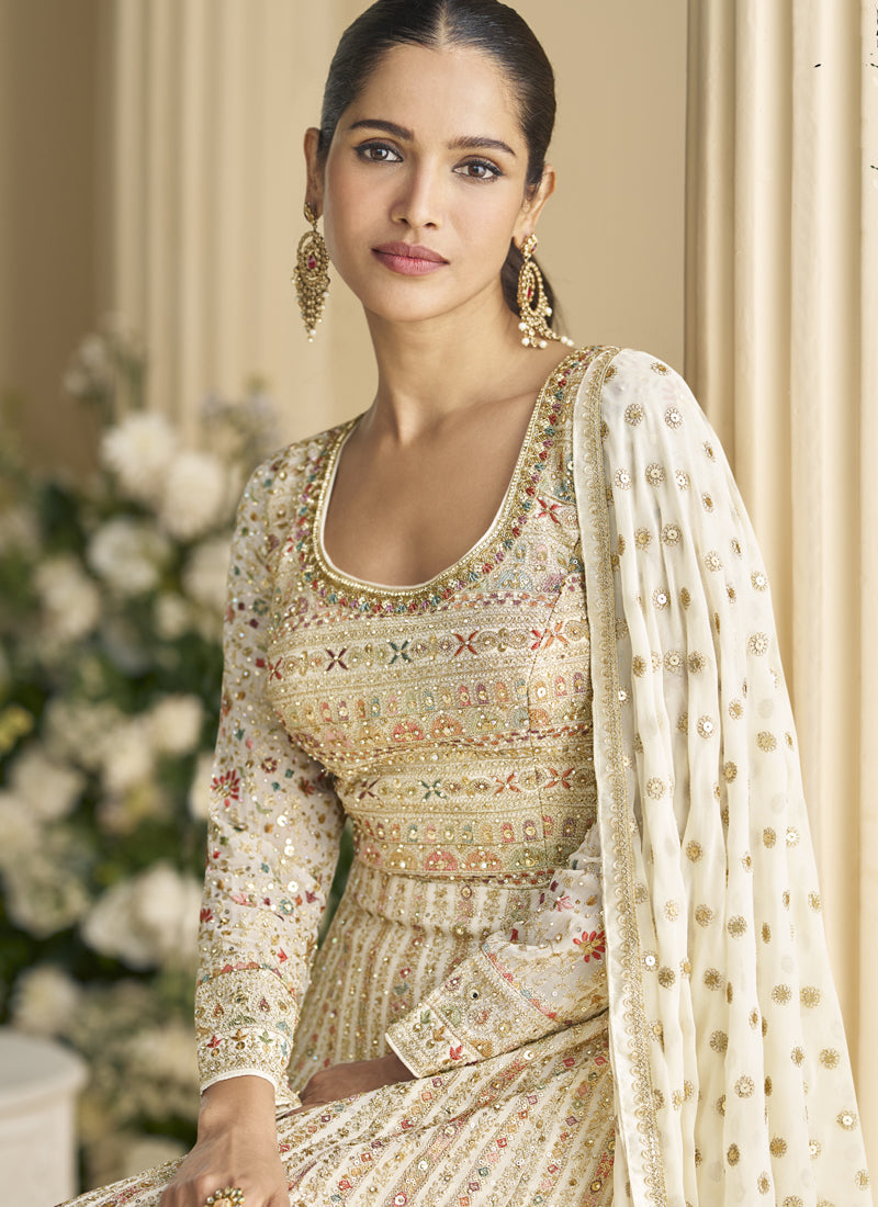 Vegaa Fashion Off White Georgette Embroidered Seroski Zarkan Anarkali Suit