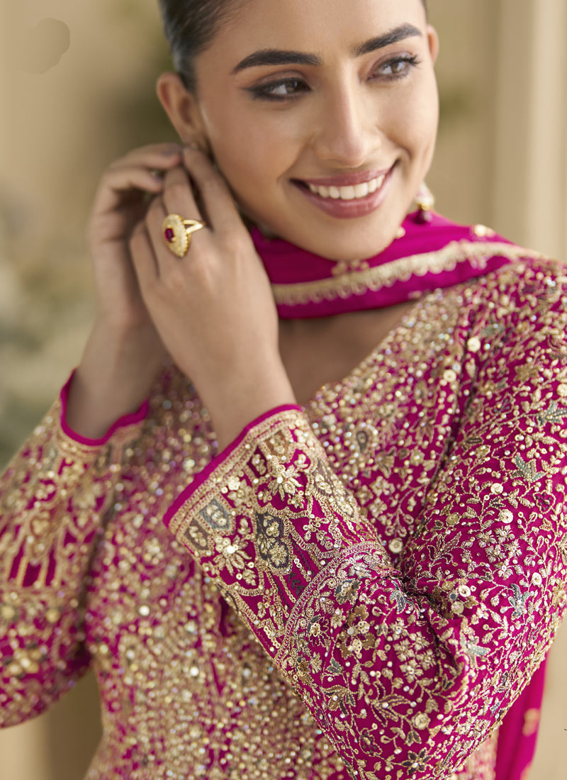 Vegaa Fashion Pink Georgette Embroidered Seroski Zarkan Anarkali Suit
