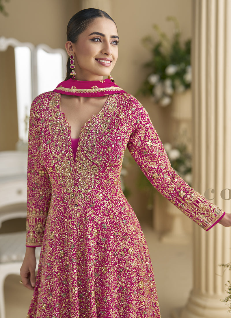 Vegaa Fashion Pink Georgette Embroidered Seroski Zarkan Anarkali Suit