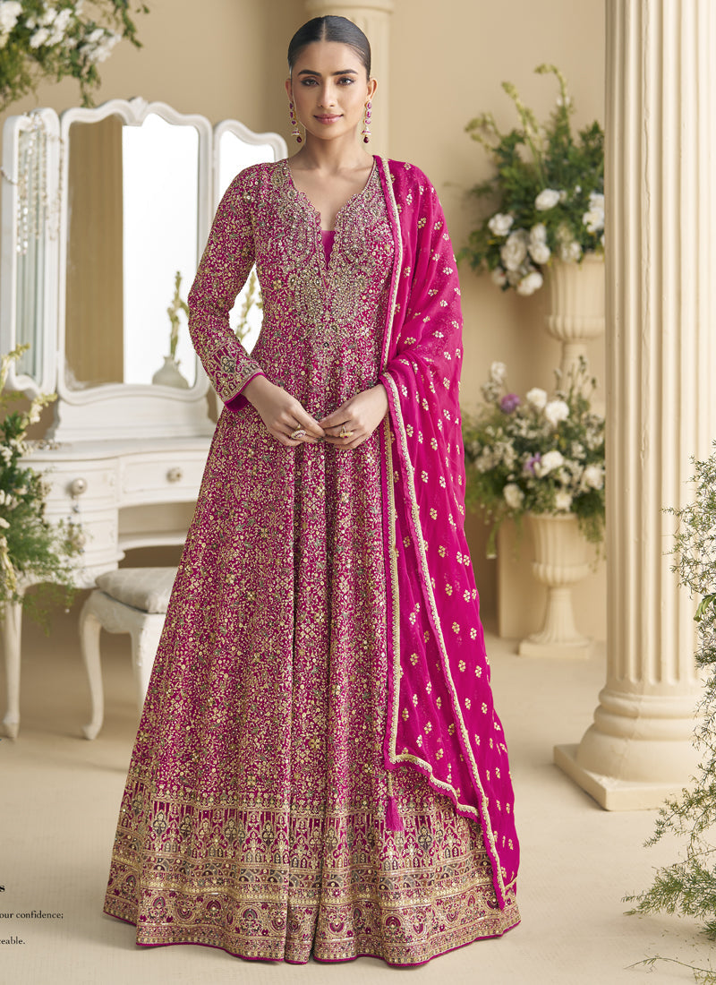 Vegaa Fashion Pink Georgette Embroidered Seroski Zarkan Anarkali Suit