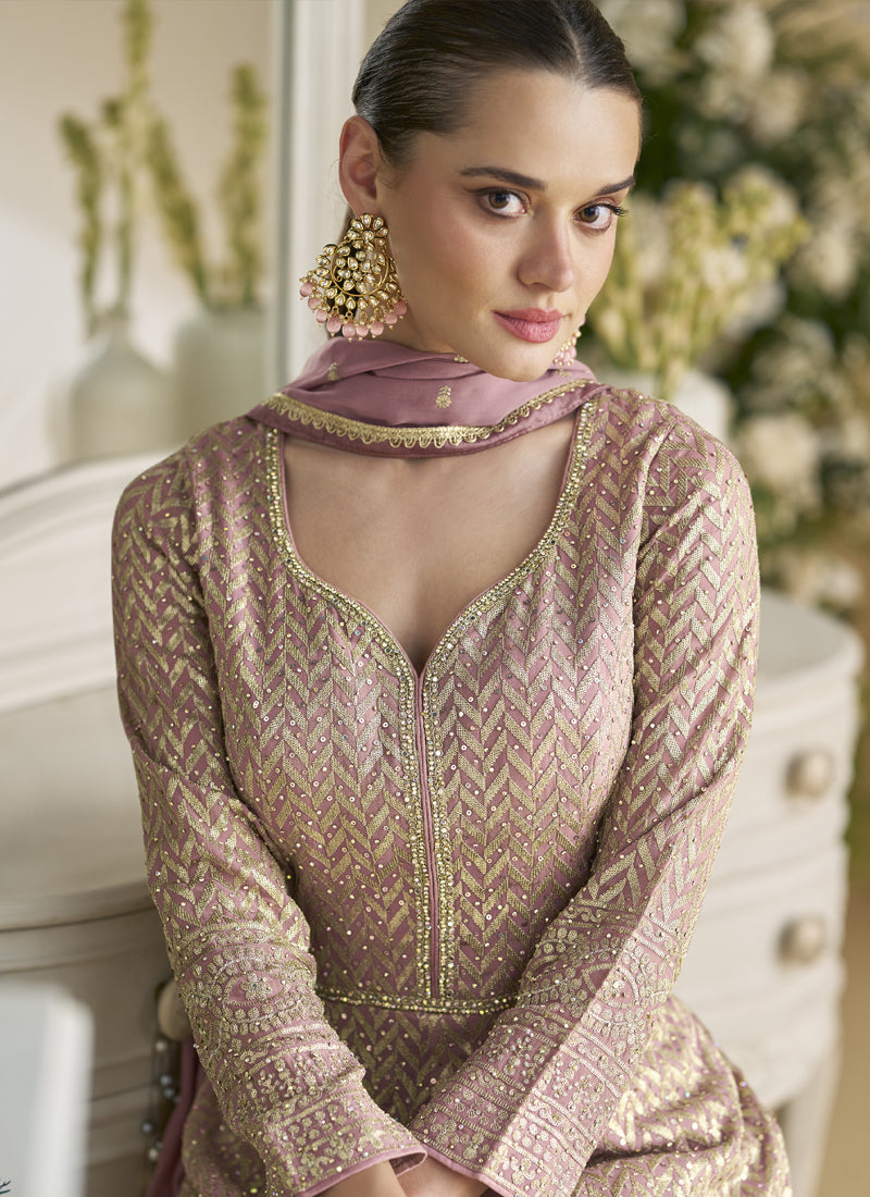 Vegaa Fashion Onion Pink Georgette Embroidered Seroski Zarkan Anarkali Suit