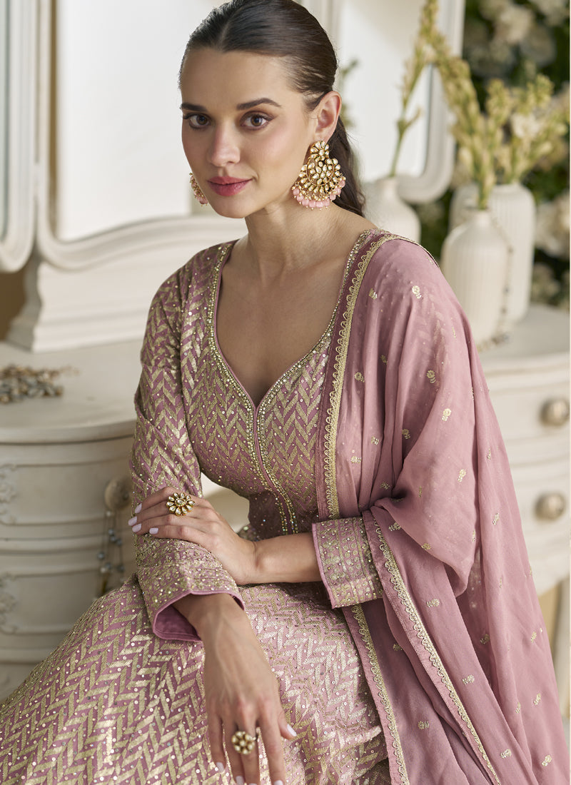 Vegaa Fashion Onion Pink Georgette Embroidered Seroski Zarkan Anarkali Suit