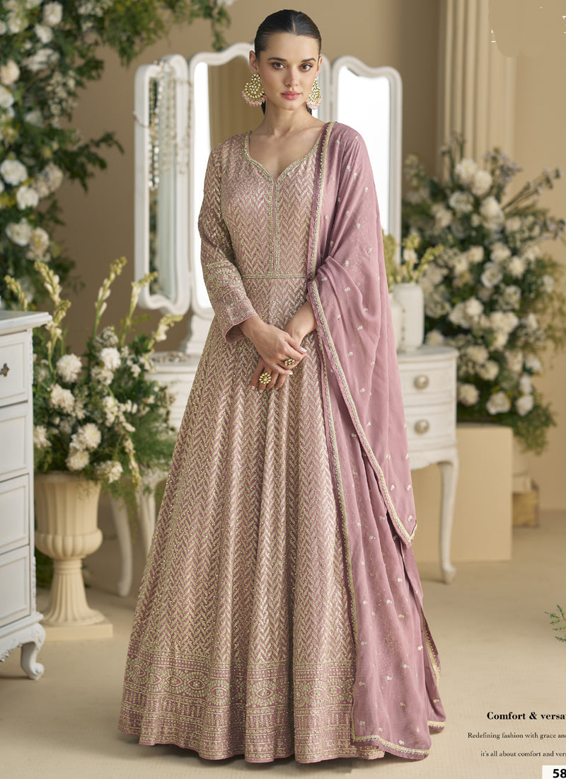 Vegaa Fashion Onion Pink Georgette Embroidered Seroski Zarkan Anarkali Suit