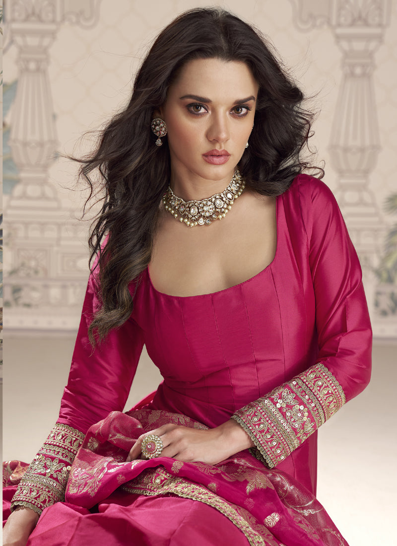 Vegaa Fashion Rani Pink Viscose Jacquard Silk Embroidered Gown With Viscose Dupatta