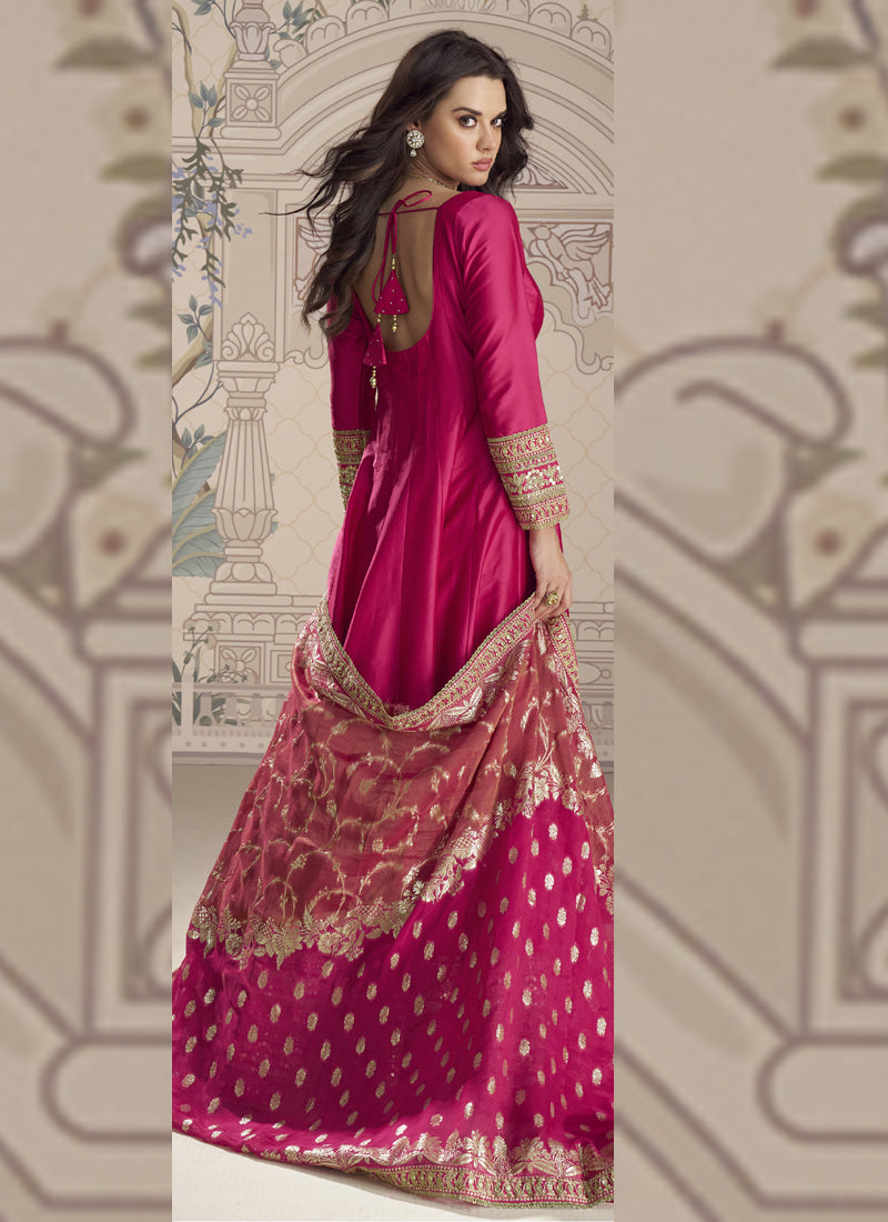 Vegaa Fashion Rani Pink Viscose Jacquard Silk Embroidered Gown With Viscose Dupatta