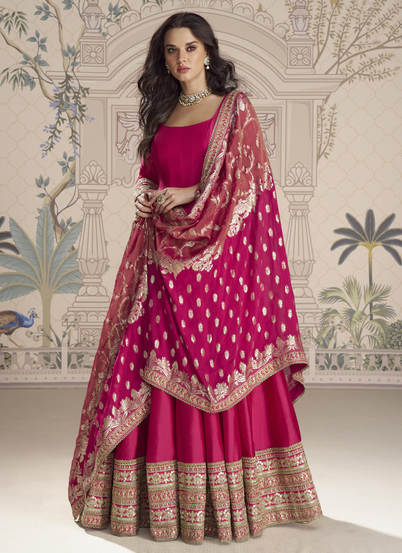 Vegaa Fashion Rani Pink Viscose Jacquard Silk Embroidered Gown With Viscose Dupatta