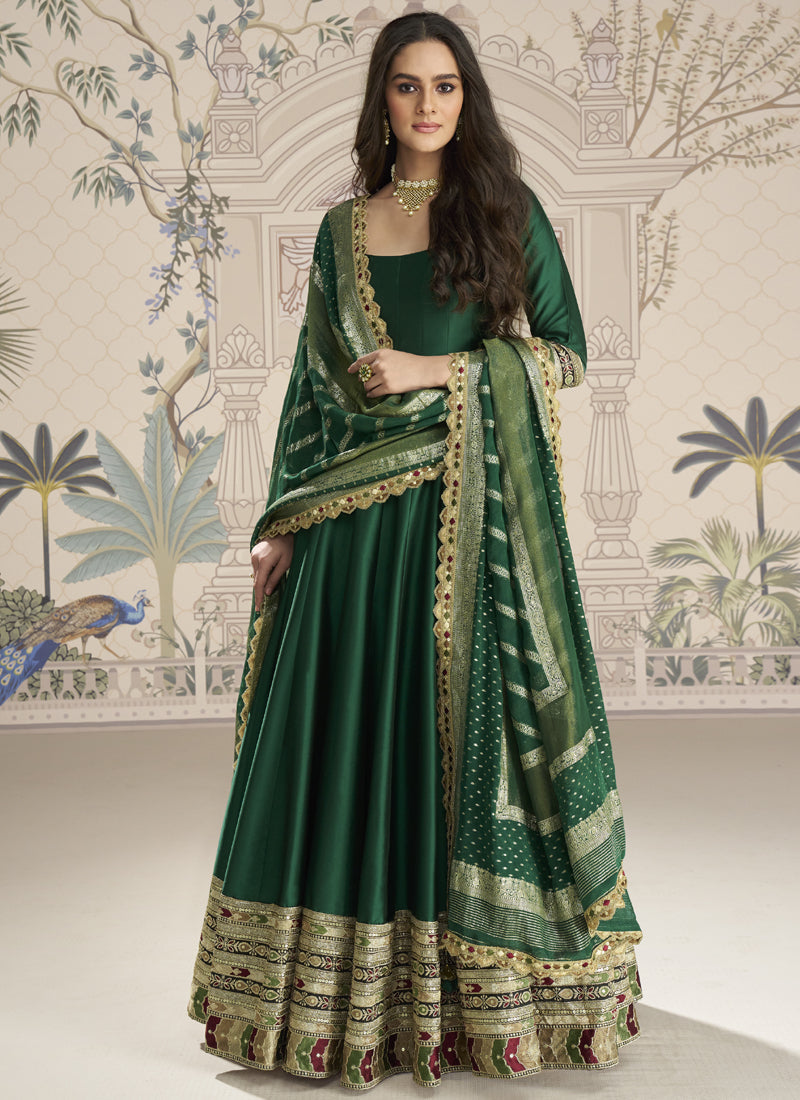 Vegaa Fashion Green Viscose Jacquard Silk Embroidered Gown With Viscose Dupatta
