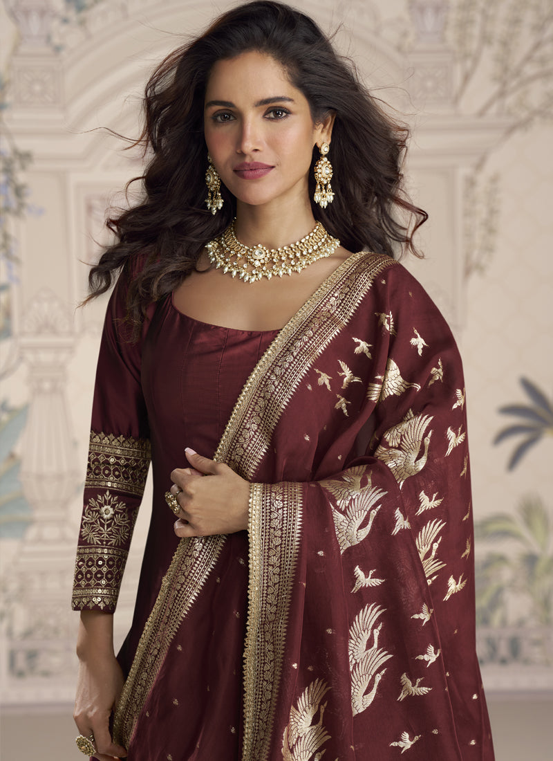 Vegaa Fashion Maroon Viscose Jacquard Silk Embroidered Gown With Viscose Dupatta