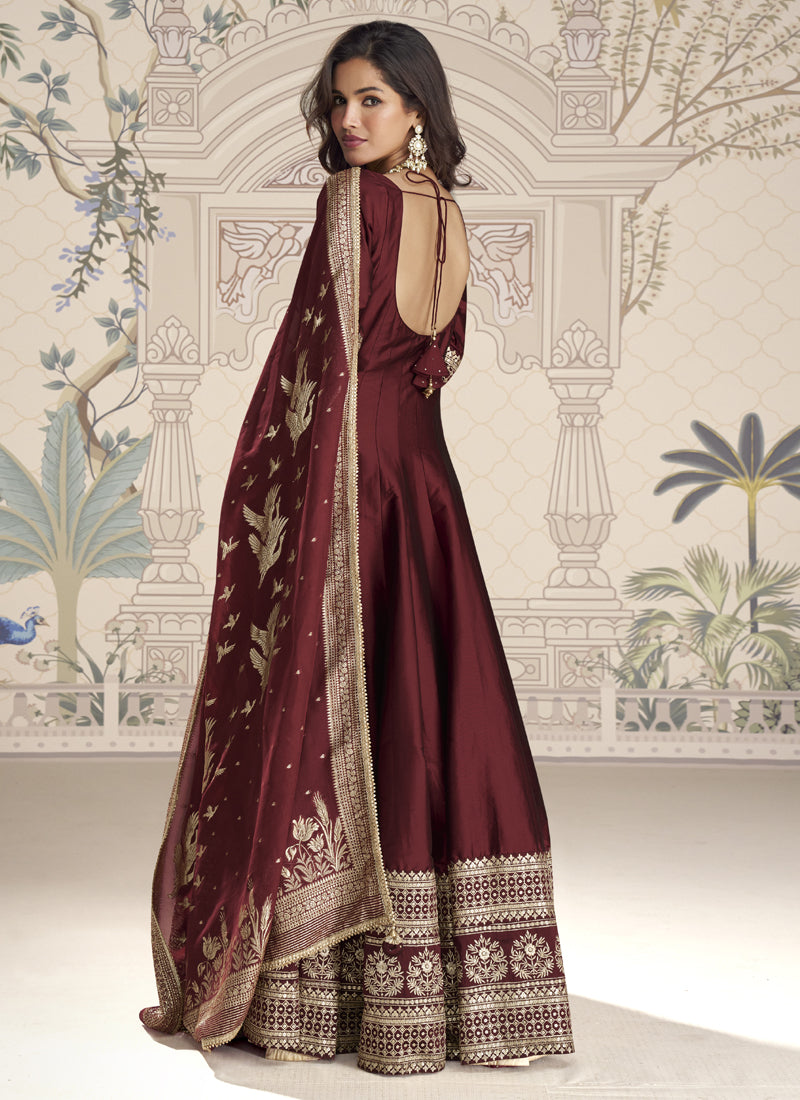 Vegaa Fashion Maroon Viscose Jacquard Silk Embroidered Gown With Viscose Dupatta