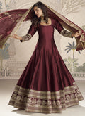 Vegaa Fashion Maroon Viscose Jacquard Silk Embroidered Gown With Viscose Dupatta