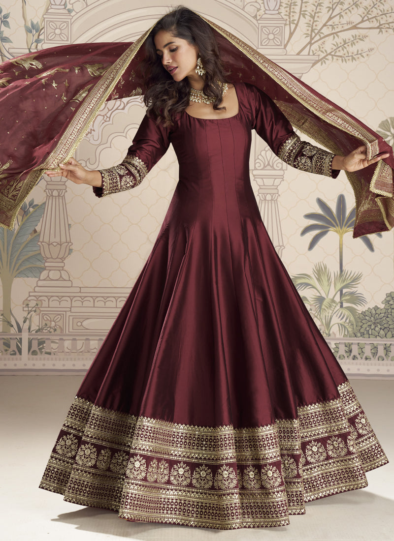 Vegaa Fashion Maroon Viscose Jacquard Silk Embroidered Gown With Viscose Dupatta