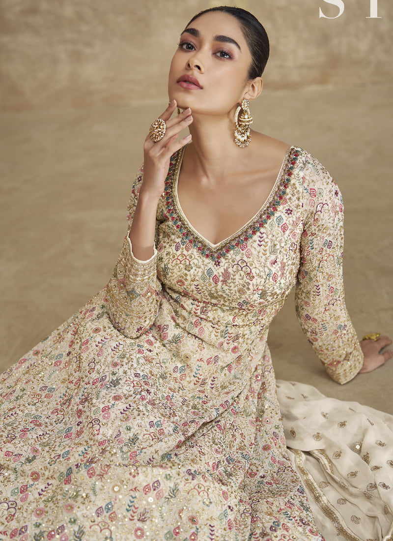 Vegaa Fashion Off White Real Georgette Embroidered Anarkali Suit
