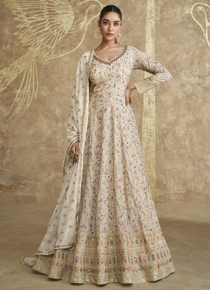 Vegaa Fashion Off White Real Georgette Embroidered Anarkali Suit