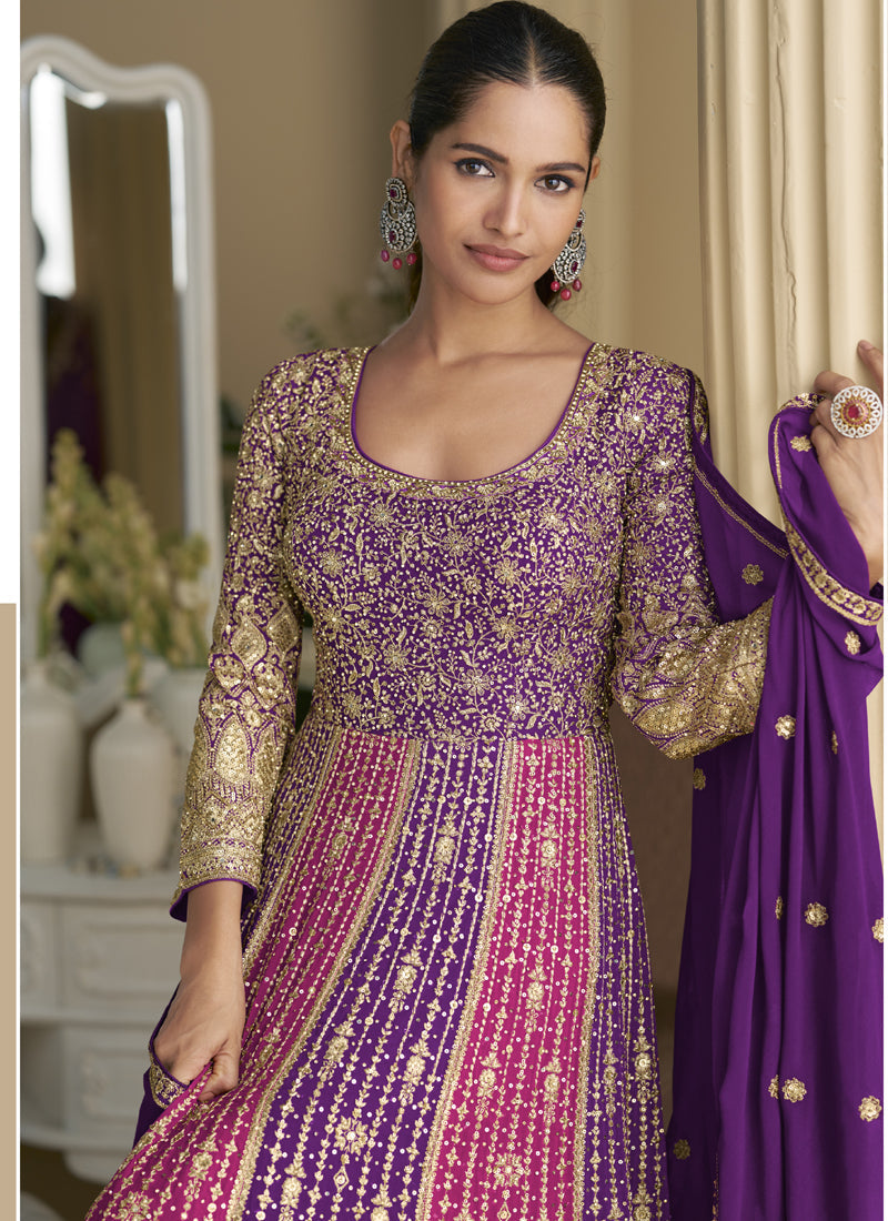 Vegaa Fashion Violet Georgette Embroidered Seroski Zarkan Gown With Embroidered Dupatta