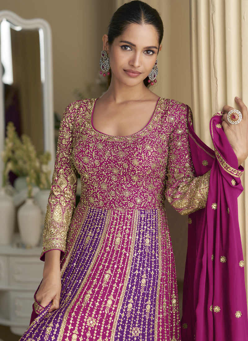 Vegaa Fashion Purple Georgette Embroidered Seroski Zarkan Gown With Embroidered Dupatta