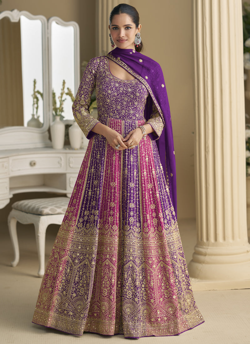 Vegaa Fashion Violet Georgette Embroidered Seroski Zarkan Gown With Embroidered Dupatta