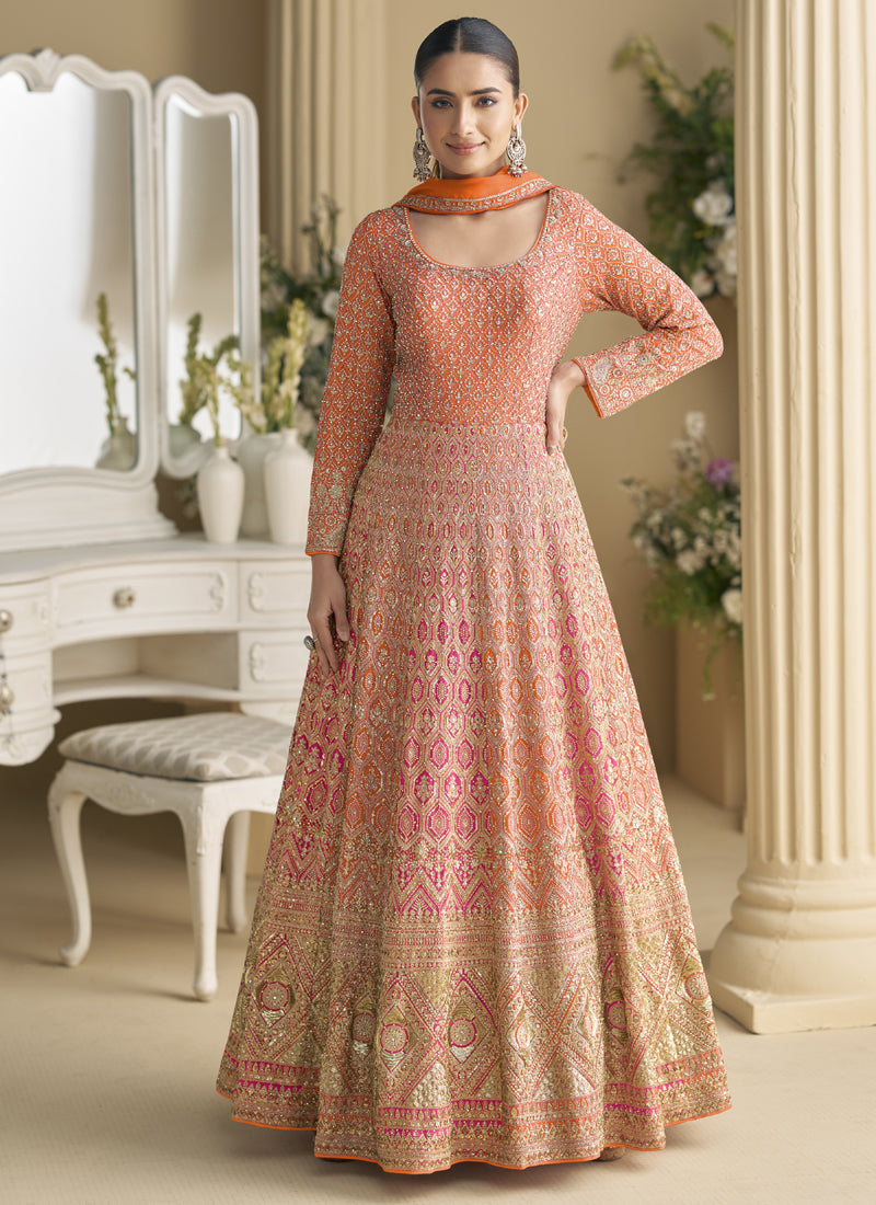 Vegaa Fashion Orange Embroidered Seroski Zarkan Gown With Embroidered Dupatta