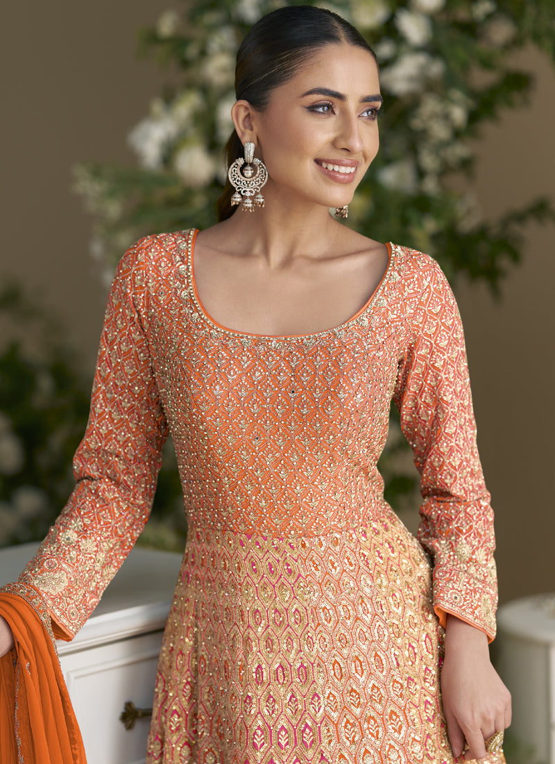 Vegaa Fashion Orange Embroidered Seroski Zarkan Gown With Embroidered Dupatta