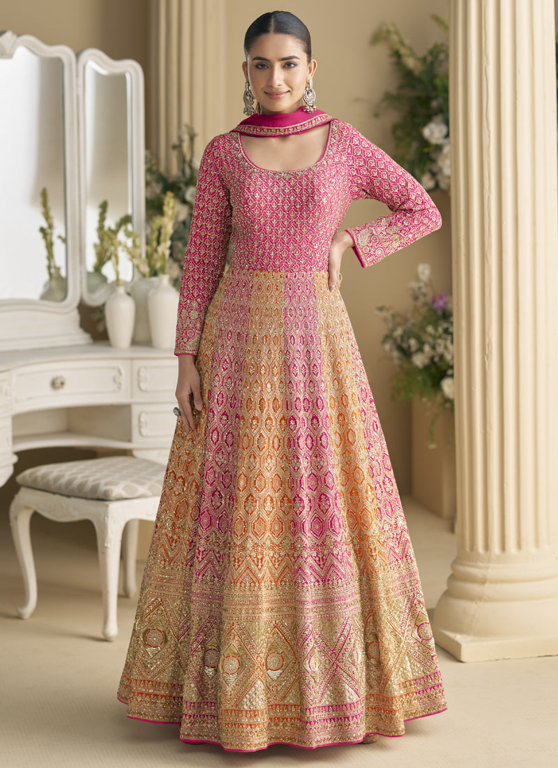 Vegaa Fashion Pink Embroidered Seroski Zarkan Gown With Embroidered Dupatta