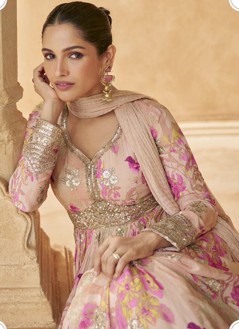 Vegaa Fashion Cream Real Chinon Silk Embroidered Anarkali Suit