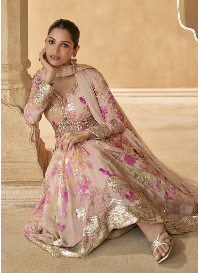 Vegaa Fashion Cream Real Chinon Silk Embroidered Anarkali Suit