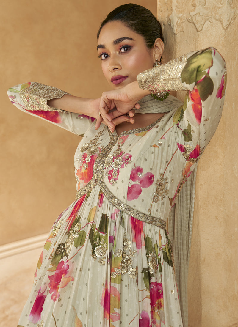 Vegaa Fashion Off White Real Chinon Silk Embroidered Anarkali Suit