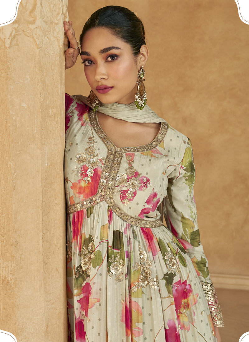 Vegaa Fashion Off White Real Chinon Silk Embroidered Anarkali Suit