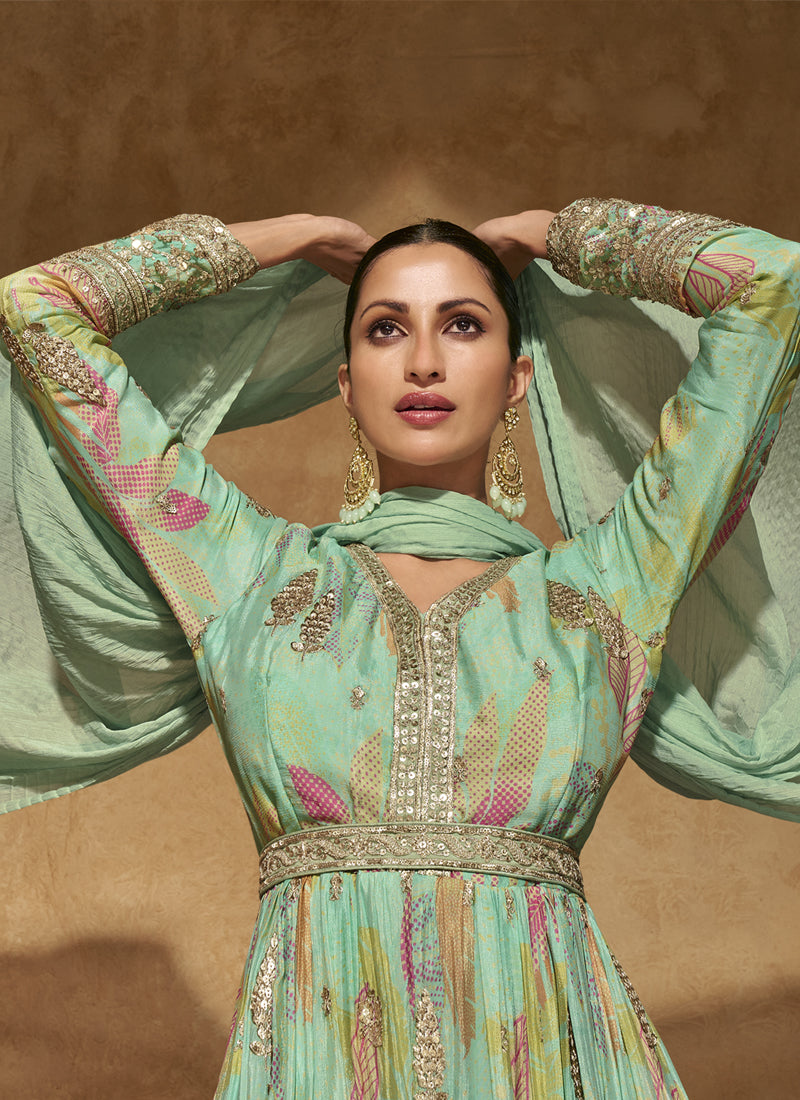 Vegaa Fashion Bottel Green Real Chinon Silk Embroidered Anarkali Suit