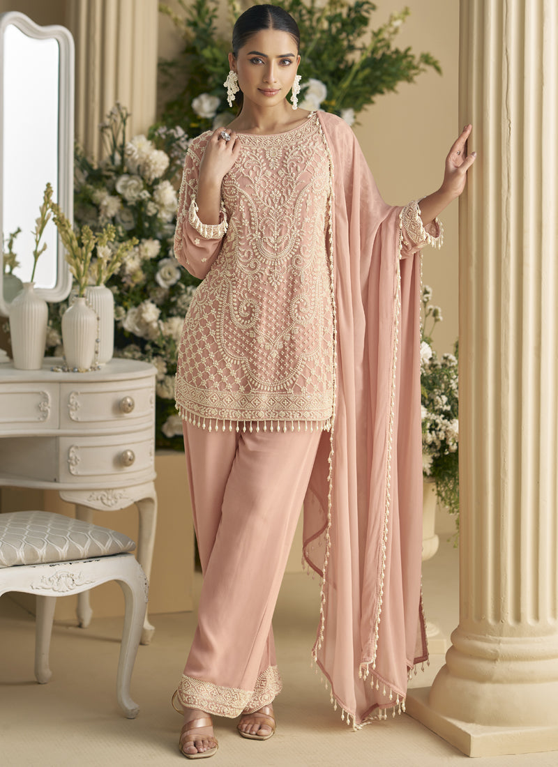Vegaa Fashion Light Peach Georgette And Net Embroidered Beads Work Salwar Suit