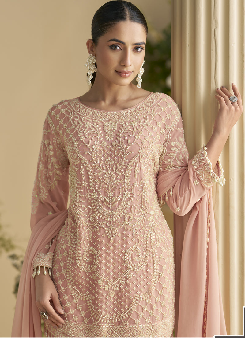 Vegaa Fashion Light Peach Georgette And Net Embroidered Beads Work Salwar Suit