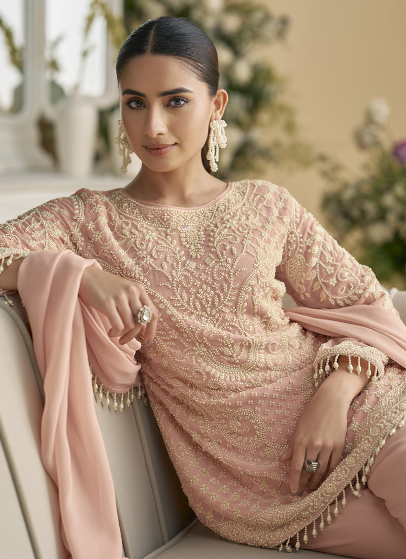 Vegaa Fashion Light Peach Georgette And Net Embroidered Beads Work Salwar Suit