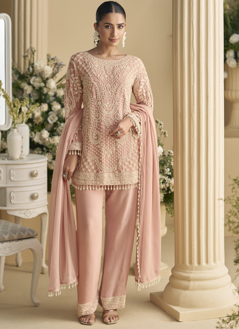 Vegaa Fashion Light Peach Georgette And Net Embroidered Beads Work Salwar Suit