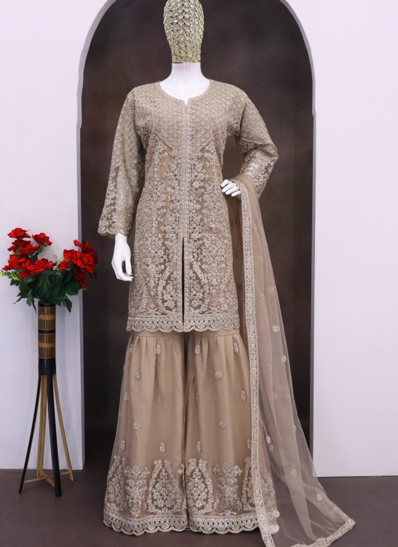 Vegaa Fashion Beige Net Embroidered Sequin Designer Palazzo Suit