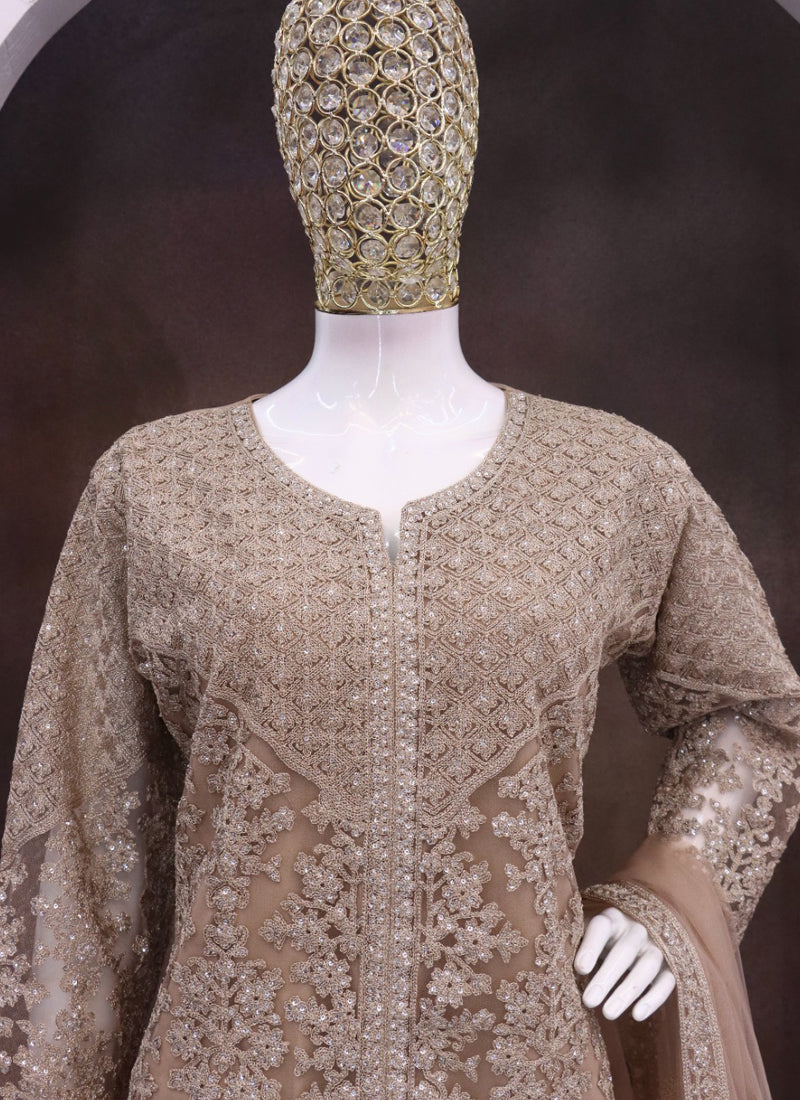 Vegaa Fashion Beige Net Embroidered Sequin Designer Palazzo Suit