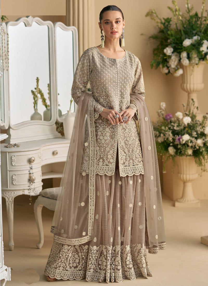 Vegaa Fashion Beige Georgette And Net Embroidered Beads Work Palazzo Suit