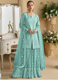 Vegaa Fashion Turquoise Net Embroidered Sequin Designer Palazzo Suit