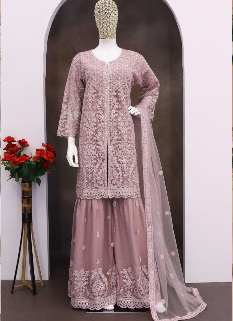 Vegaa Fashion Onion Pink Net Embroidered Sequin Designer Palazzo Suit