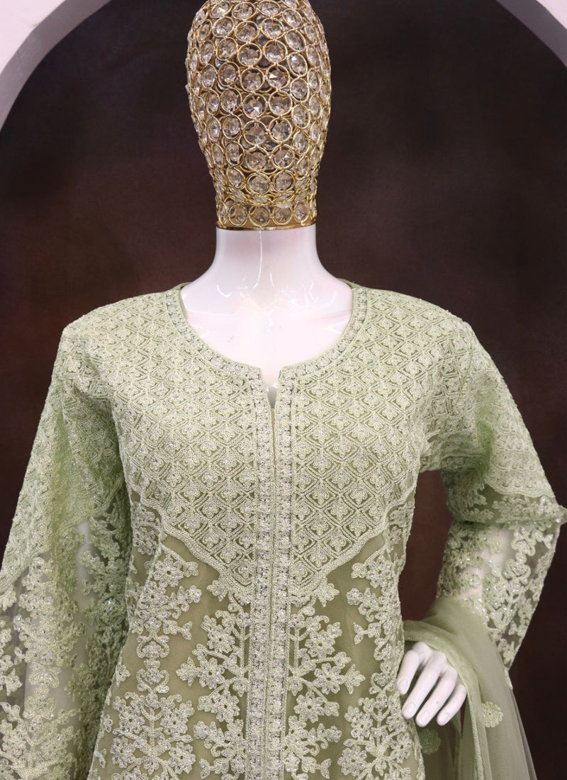 Vegaa Fashion Lime Green Net Embroidered Sequin Designer Palazzo Suit
