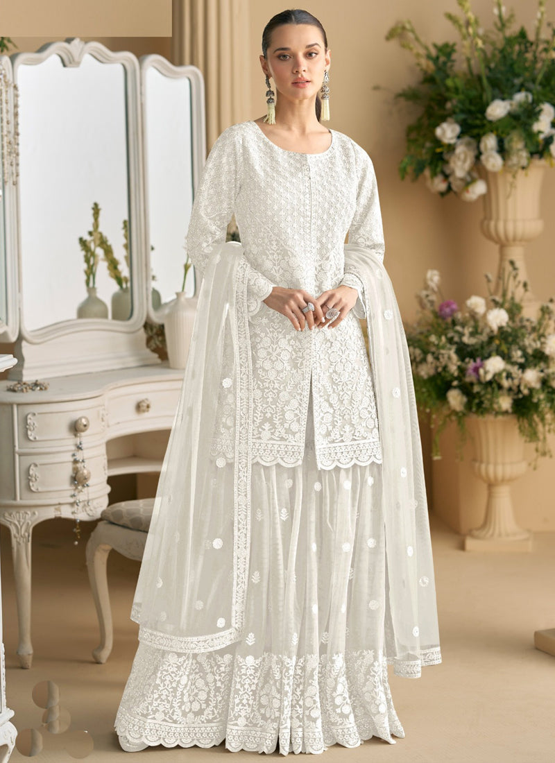 Vegaa Fashion Off White Net Embroidered Sequin Designer Palazzo Suit