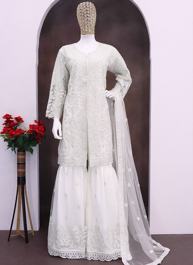 Vegaa Fashion Off White Net Embroidered Sequin Designer Palazzo Suit