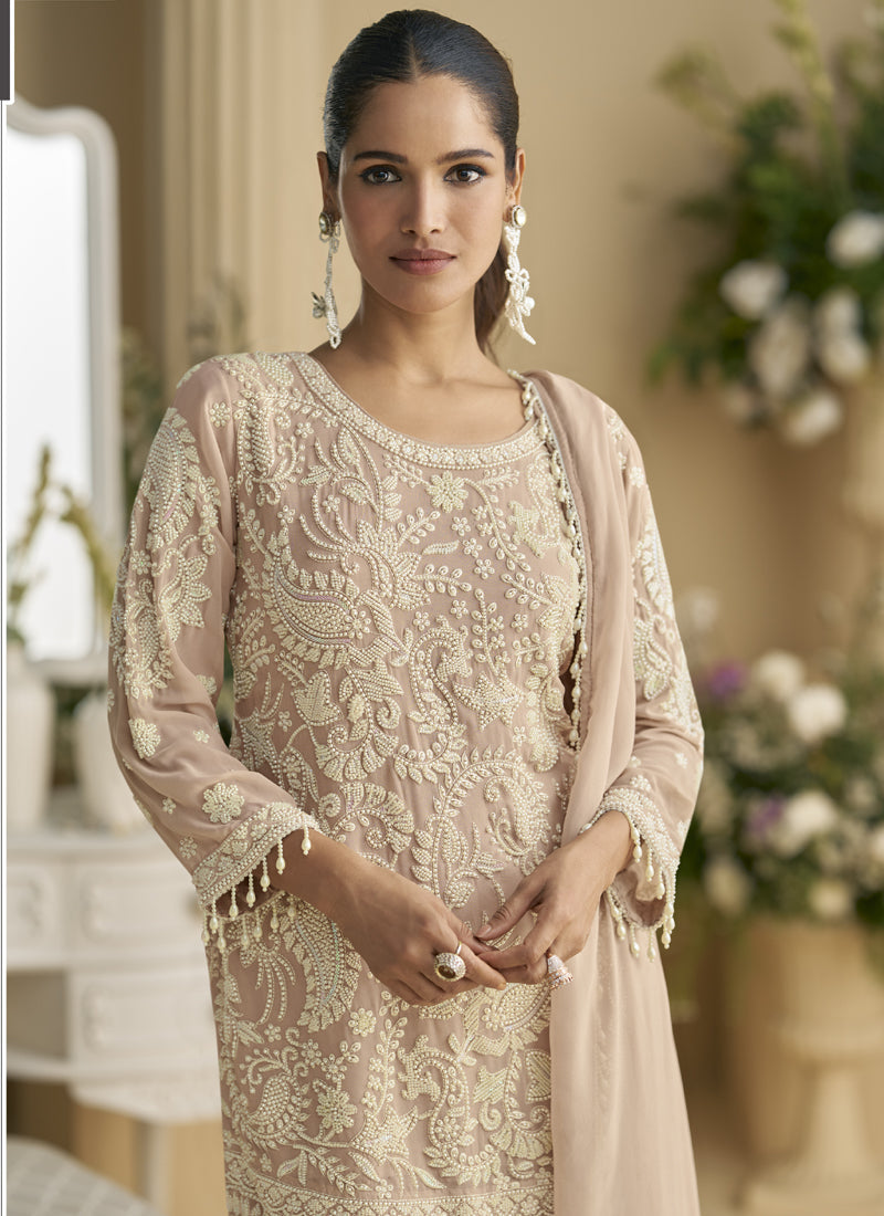Vegaa Fashion Beige Georgette And Net Embroidered Beads Work Salwar Suit