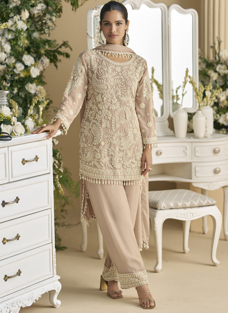 Vegaa Fashion Beige Georgette And Net Embroidered Beads Work Salwar Suit