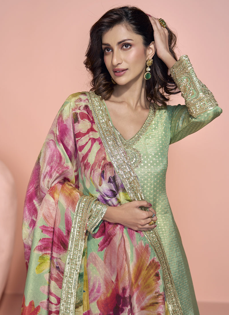 Vegaa Fashion Pista Green Viscose Jacquard Silk Embroidered Anarkali Suit